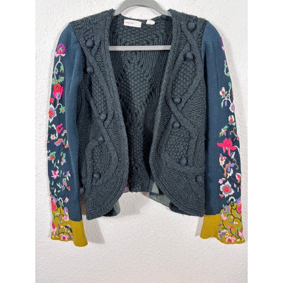Sleeping On Snow Sweaters - Sleeping on Snow Cardigan Womens M Green Embroidered Cable Knit Bobble Boho